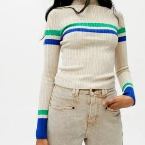 Urban Outfitters Striped Ribbed Sweater - Cream, Green, and Blue, Size S